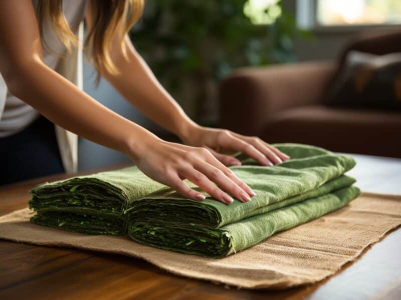 Femme qui nettoie un tapis en jute à l'aide de linges légèrement humides