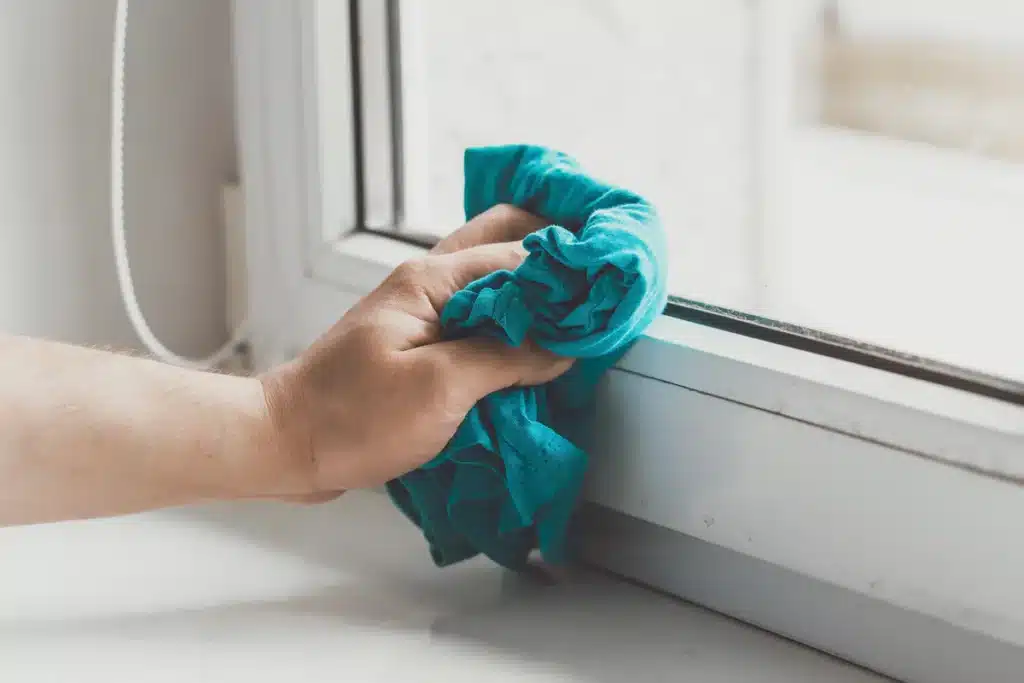 Nettoyage du cadre de fenêtre à l'alcool avant pose de moustiquaire adhésive