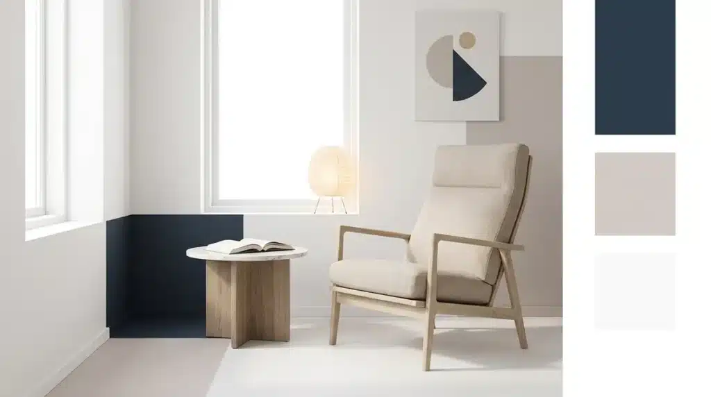 Coin lecture scandinave épuré avec fauteuil confortable et lumière naturelle