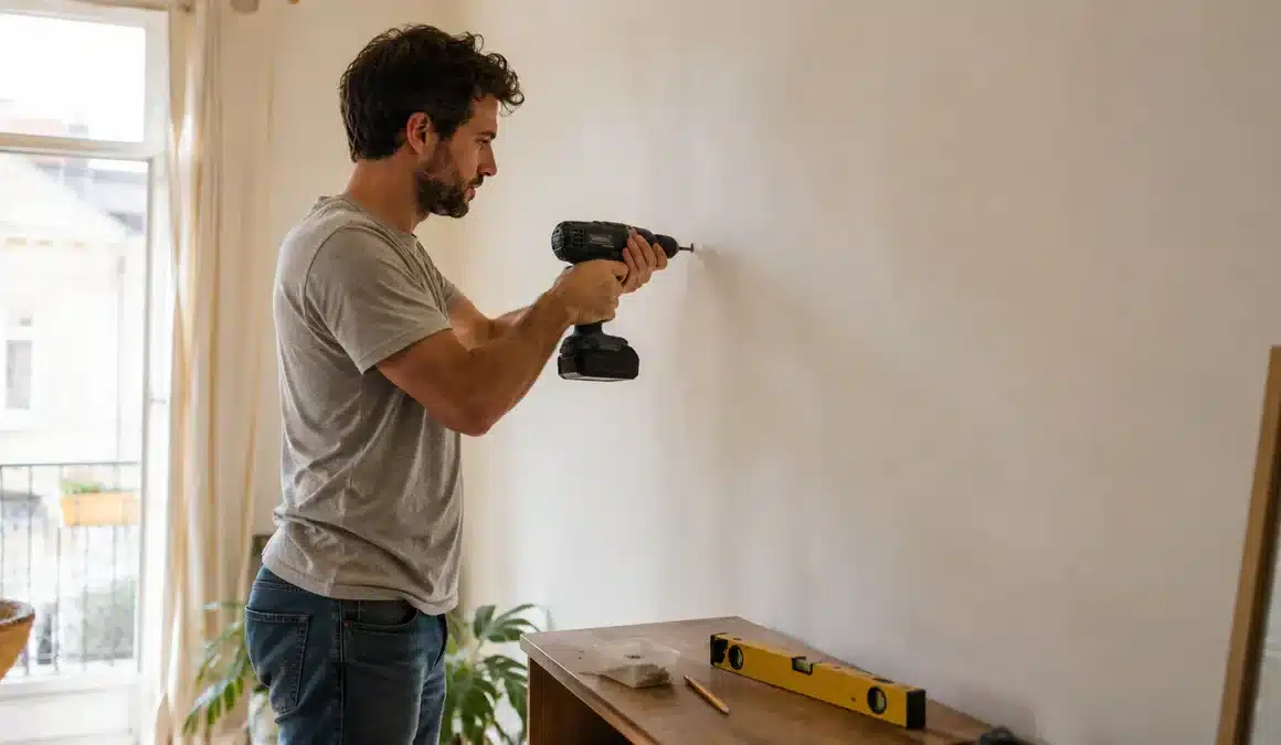 Homme perçant un mur a l'aide d'une perceuse électro portative