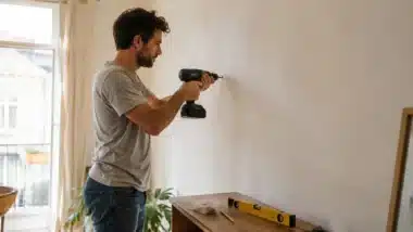 Homme perçant un mur a l'aide d'une perceuse électro portative