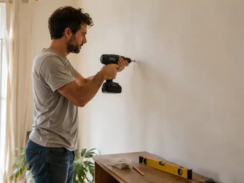 Homme perçant un mur a l'aide d'une perceuse électro portative
