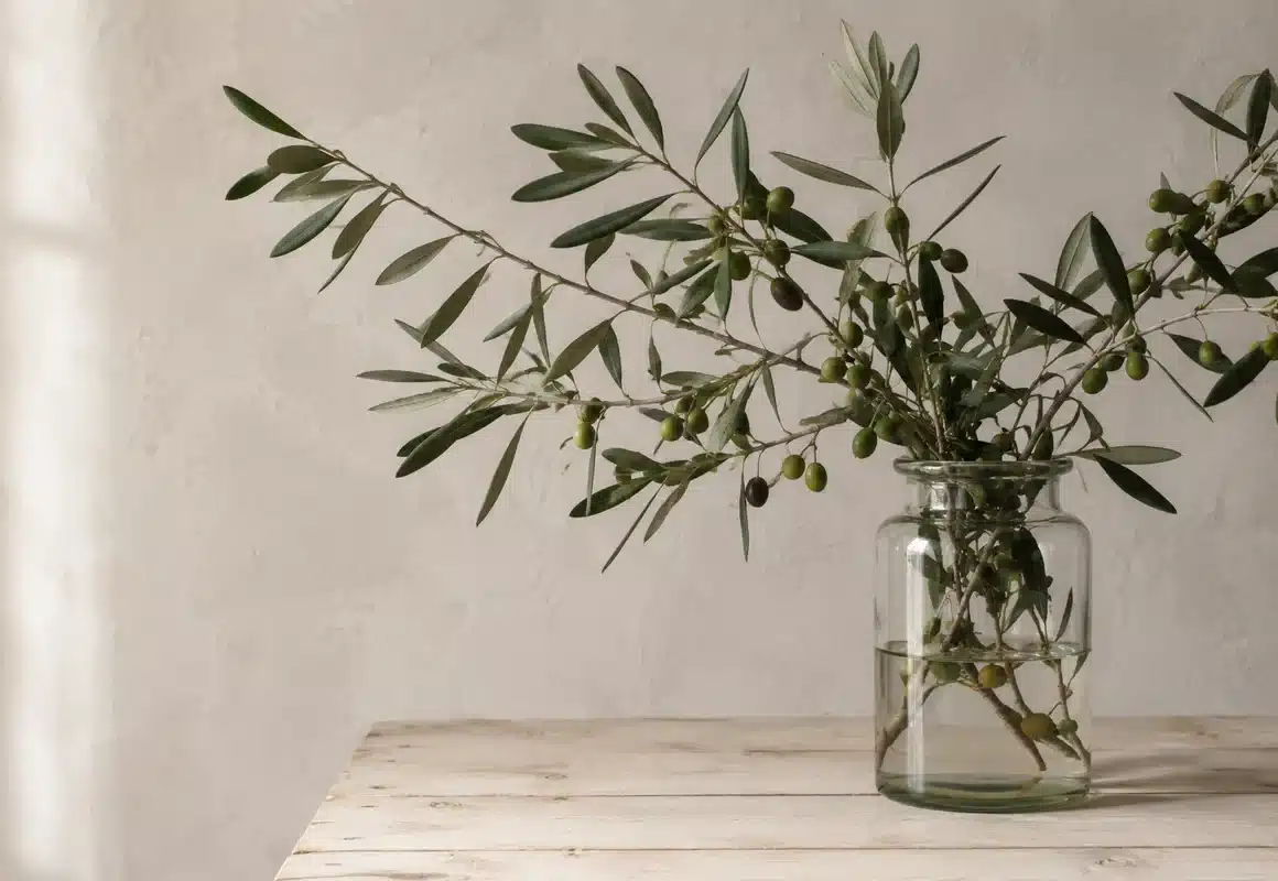 branche d'olivier fraîche dans un vase simple pour une déco provençale
