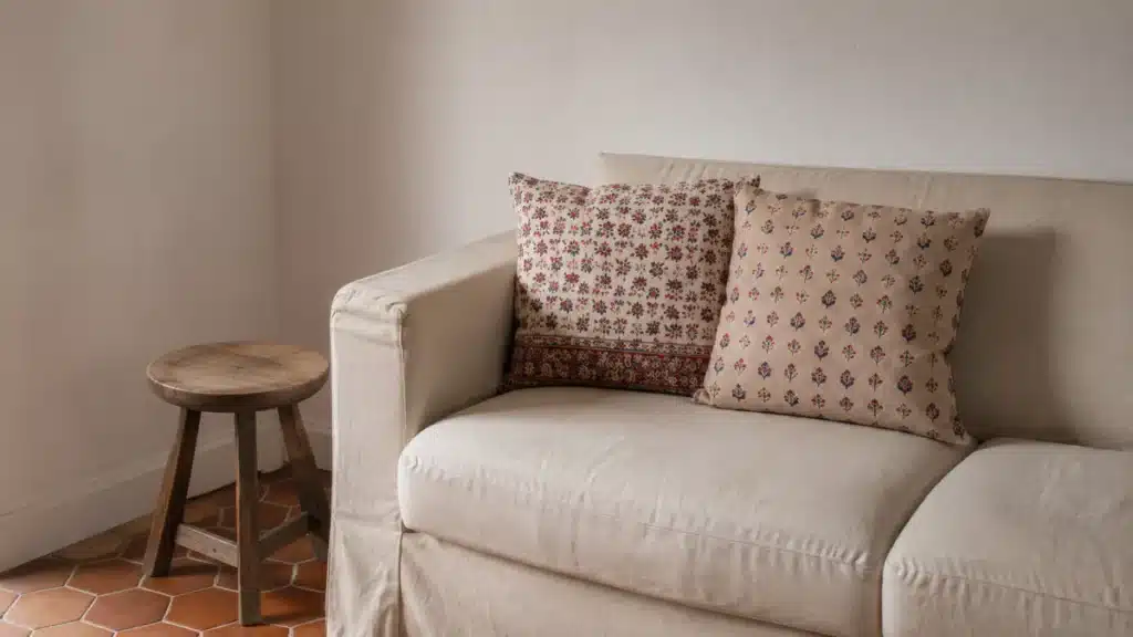 déco provençale chic dans un salon aux murs clairs avec un textile imprimé
