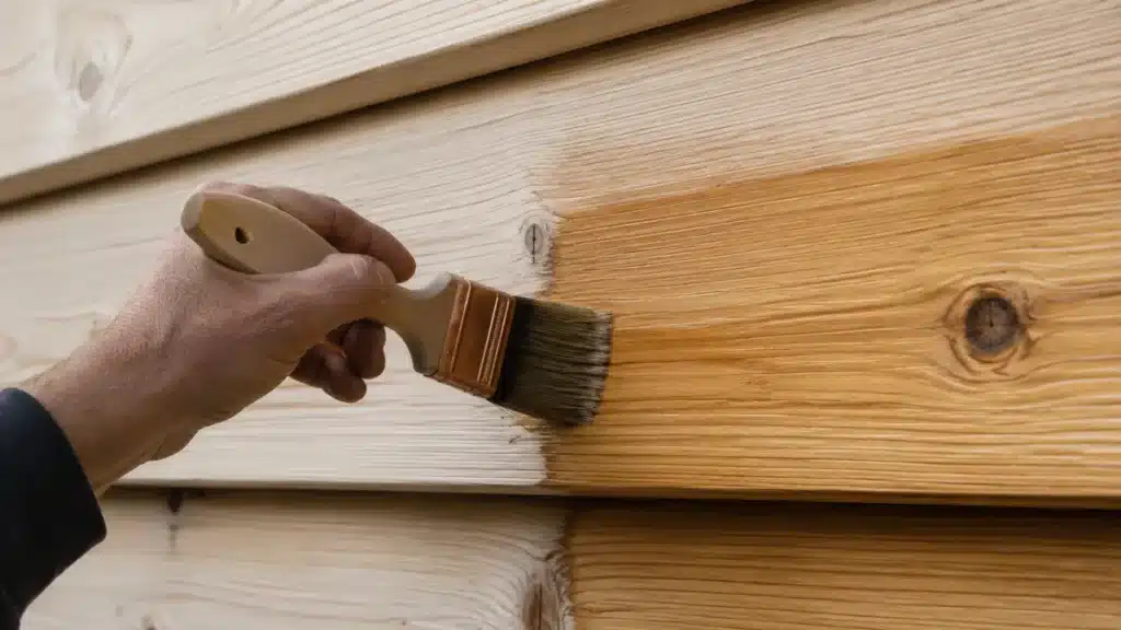 entretenir un bardage bois avec un saturateur appliqué au pinceau sur une façade
