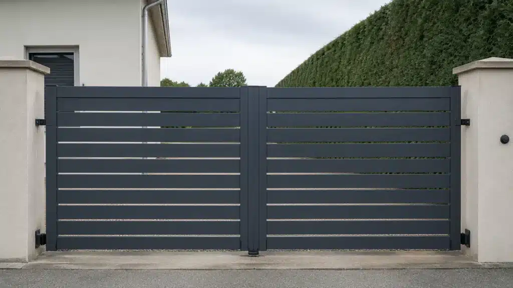 portail battant en aluminium à deux vantaux ouvrant sur une cour